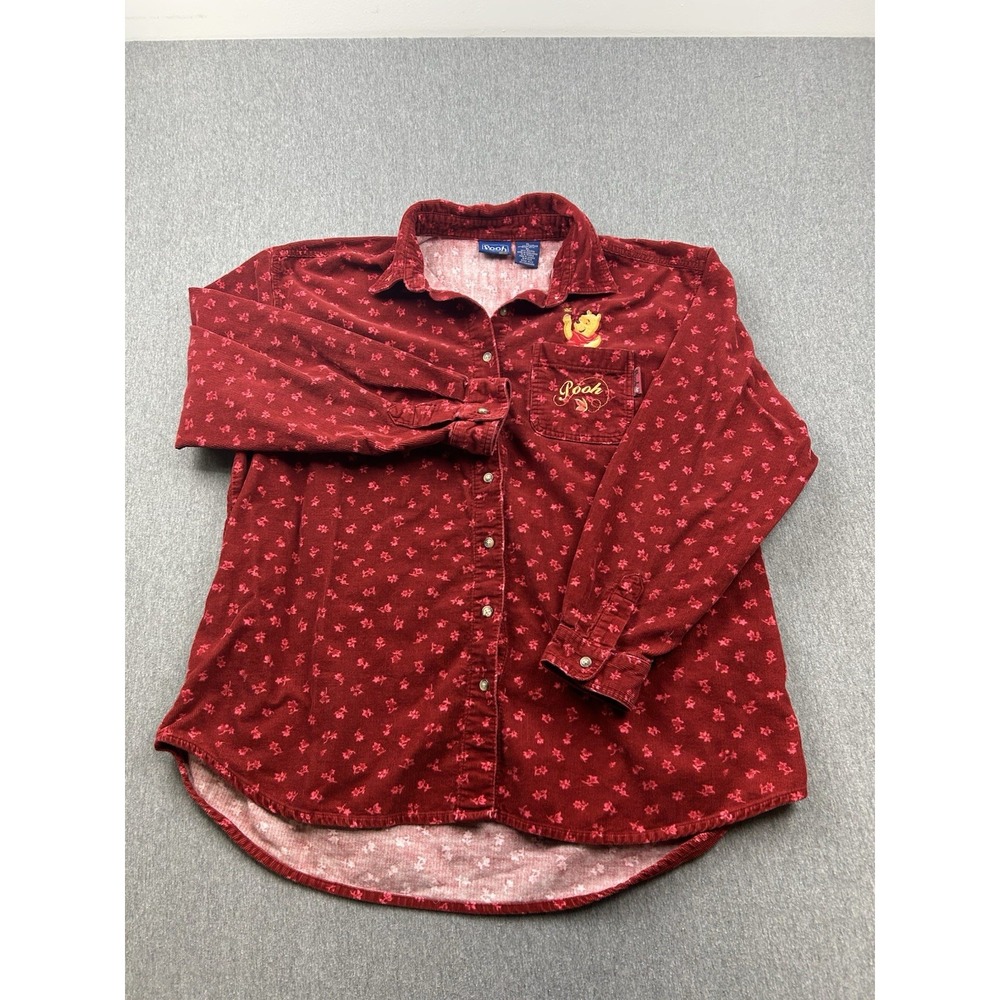 Disney Winnie The Pooh Shirt Womens XL Red Corduroy Leaves Embroidered Pocket - Picture 2 of 12